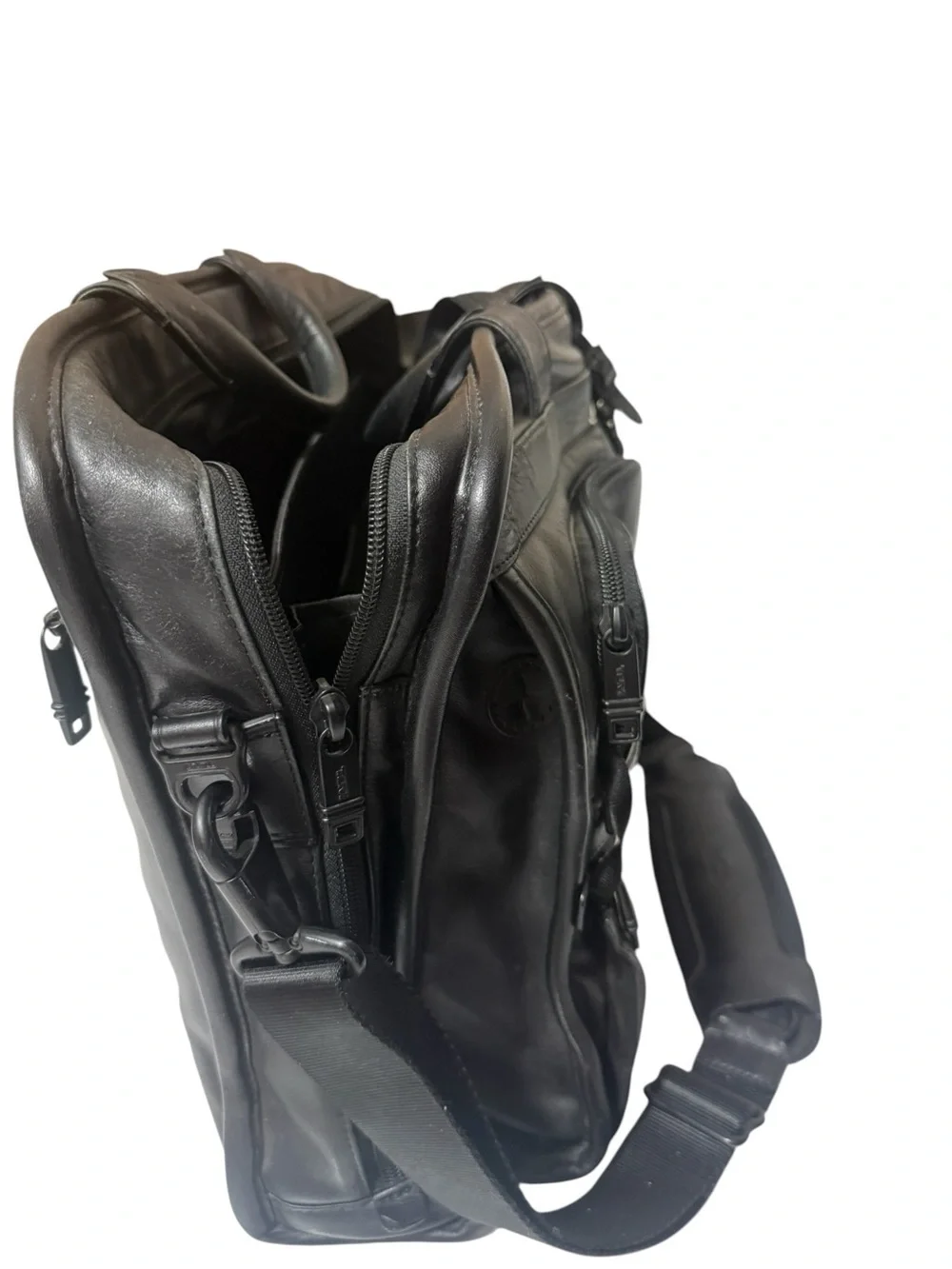 Tumi Black Leather Laptop Briefcase with Shoulder Strap